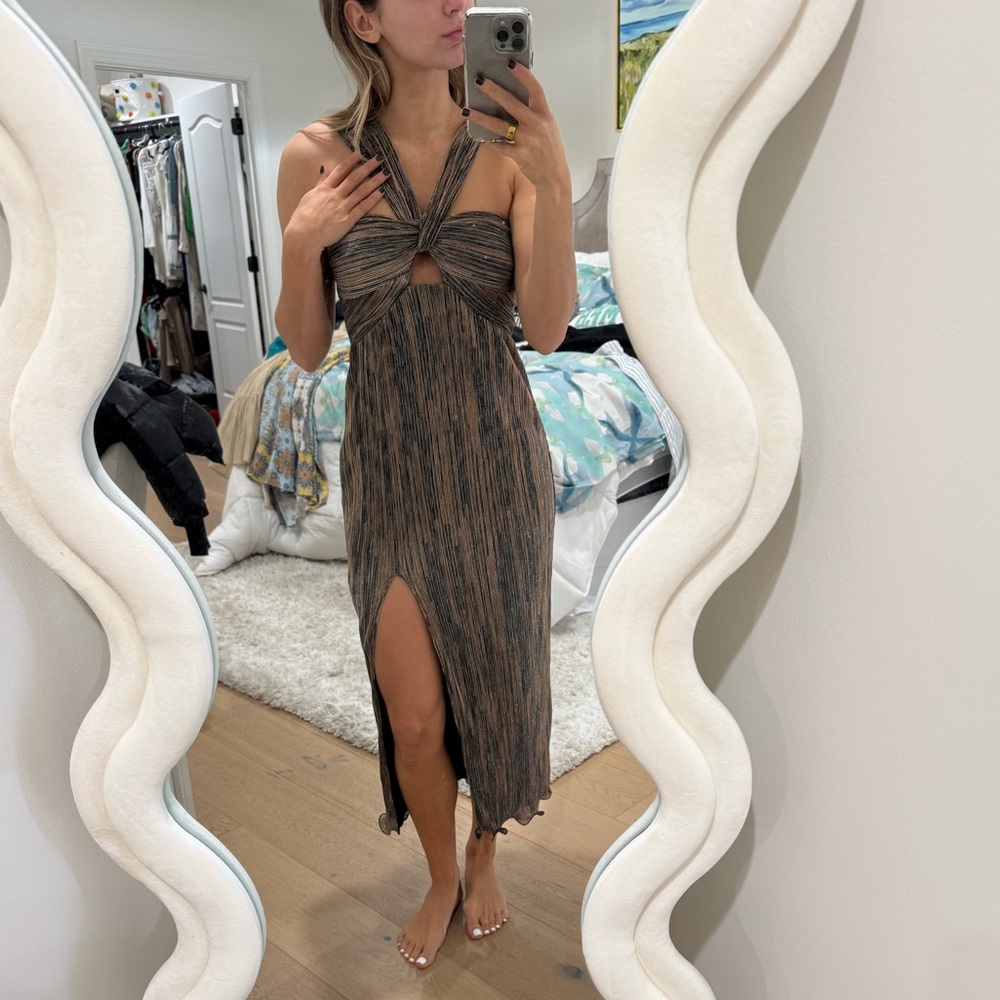 Saylor Noen Halter Neck Dress Cut Out Metallic Midi Boning Padded Leg Slit